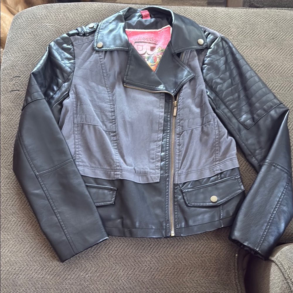 Faux Leather and Fabric Moto Jacket
